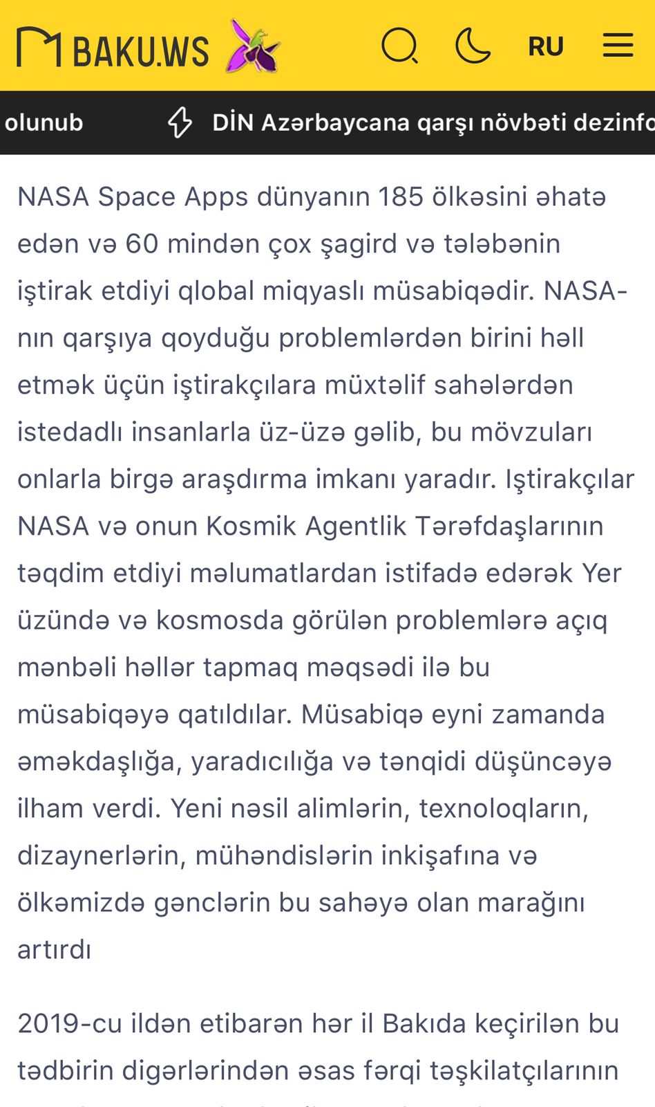 NASA Space Apps Challenge Baku 2024 featured at Baku.ws News Agency.