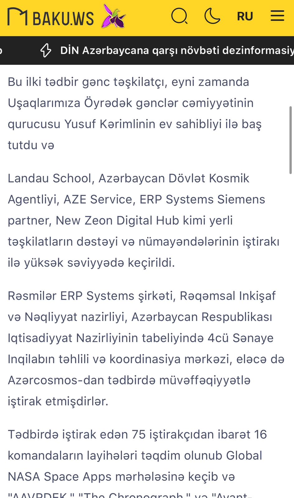 NASA Space Apps Challenge Baku 2024 featured at Baku.ws News Agency.